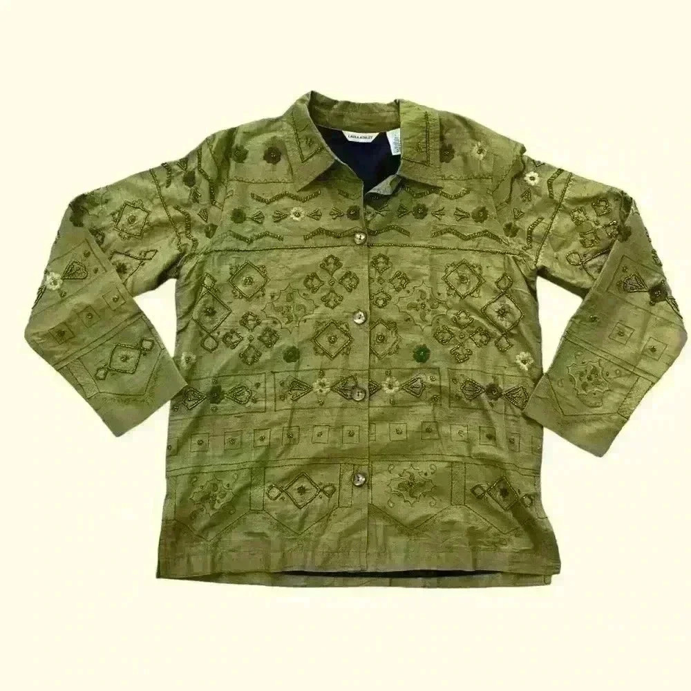 Vintage Laura Ashley Silk Beaded Jacket Size S Olive Green Boho Casual - Picture 5 of 8